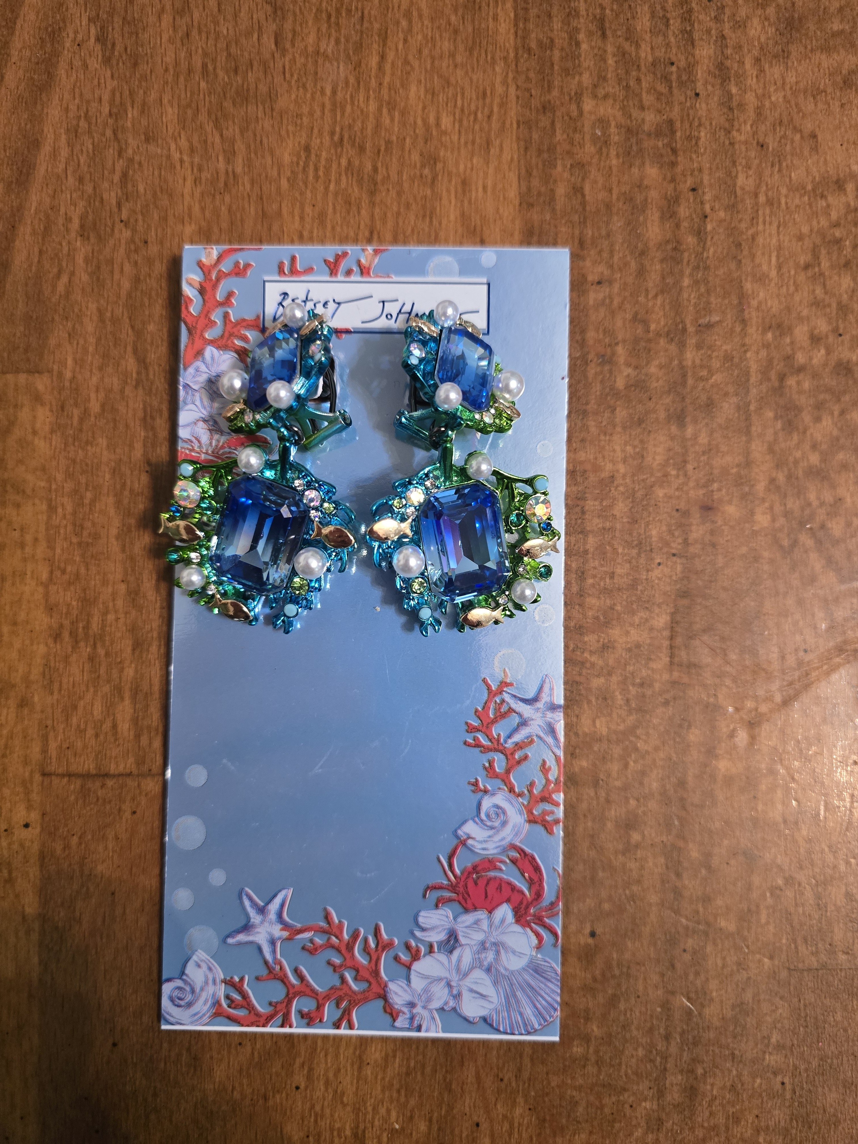 Betsey Johnson Blue And Green Crystal Pearl Drop Earrings